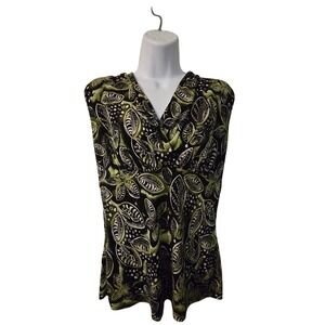 JKLA California Sleeveless V Neck Wrap Top Green Black Abstract Leaf Print /0141